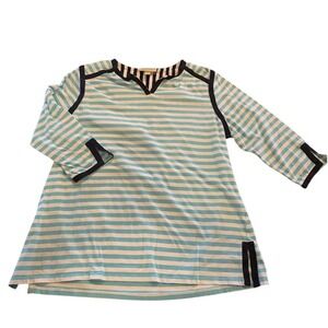 Vintage Appleseeds Striped Split Neck Top Jade White Navy 3/4 Sleeve Nautical L